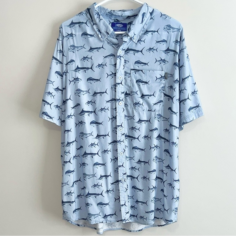AFTCO Boat Bar Short Sleeve Woven Button Down Shirt Fish Print